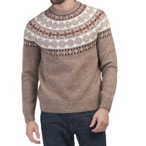 GROVE & HOLLOW Fair Isle Tan Ivory Crew Wool Blend Knit Sweater